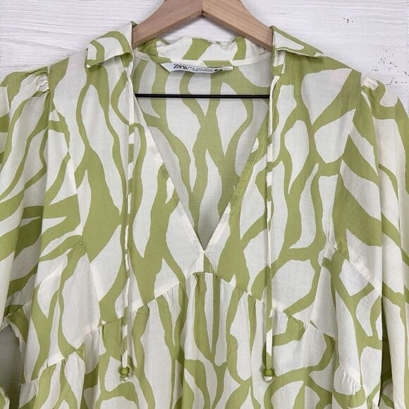 Zara Printed Babydoll Dress S Green Balloon Sleeves Tiered Mini V Neck Tie Fall - Picture 4 of 15